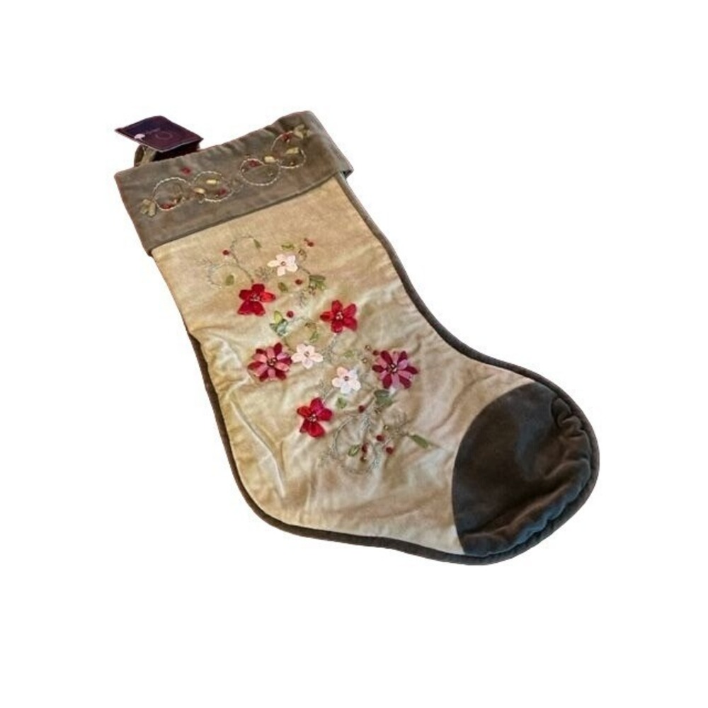 Embroidered Velvet Christmas Stocking Flower green hanging loop holiday decor
